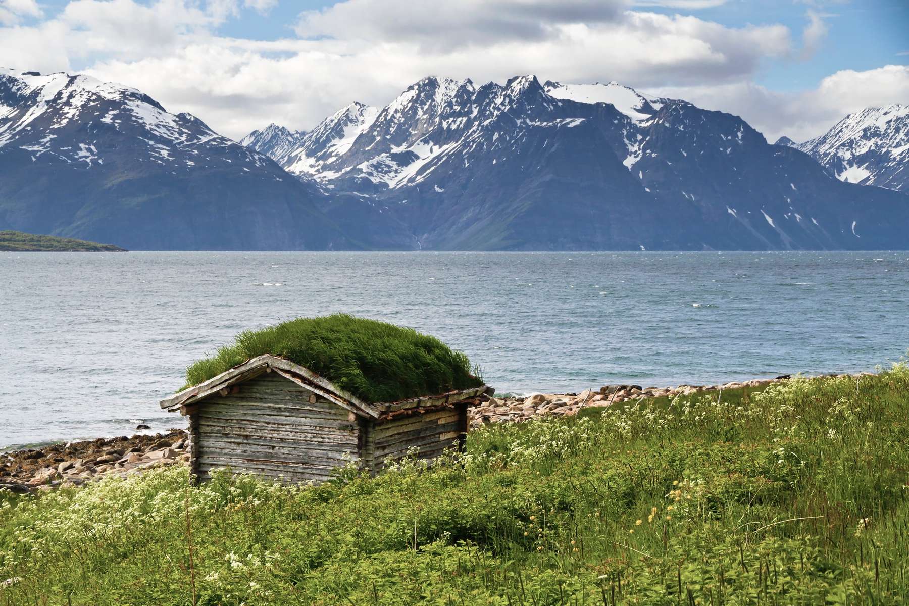 Cabana de fusta amb teulada de gespa vora un fiord noruec